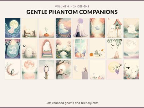 Volume 4 Gentle Phantom Companions: 24 printable Halloween art designs, soft rounded ghosts and friendly cats
