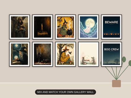 Ten Halloween prints from the bundle framed together as a gallery wall above a console table