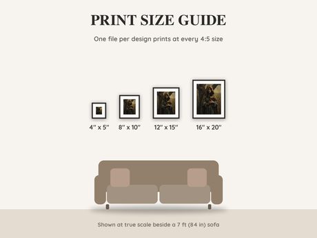 Print size guide showing 4x5, 8x10, 12x15 and 16x20 inch Halloween prints at true scale beside a sofa