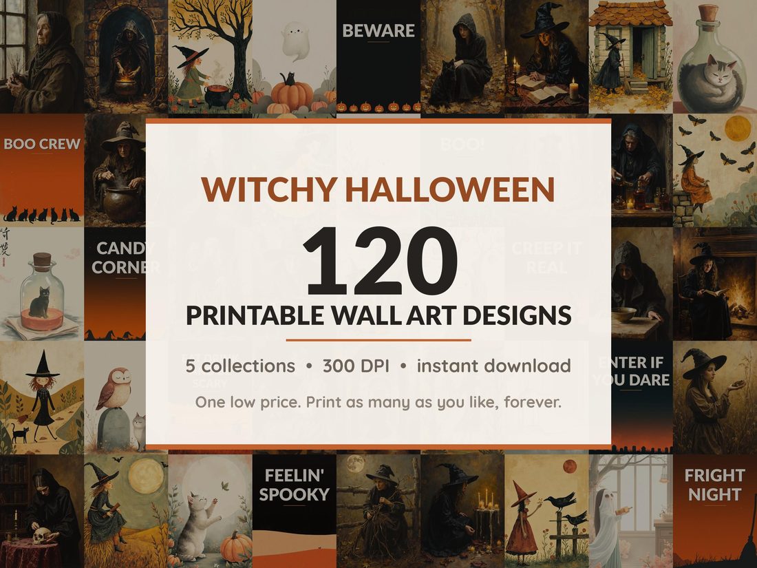 Halloween printable wall art mega bundle with 120 art prints in 5 collections: Sepia Witch Portraits, Candlelit Coven Scenes, Mustard Folk Witches, Blush Phantom Friends, Night Poster Fields