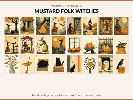Volume 3 Mustard Folk Witches: 24 printable Halloween art designs, handmade primitive folk witches in warm earth tones