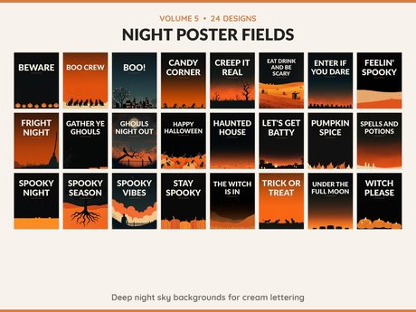 Volume 5 Night Poster Fields: 24 printable Halloween art designs, deep night sky backgrounds for cream lettering