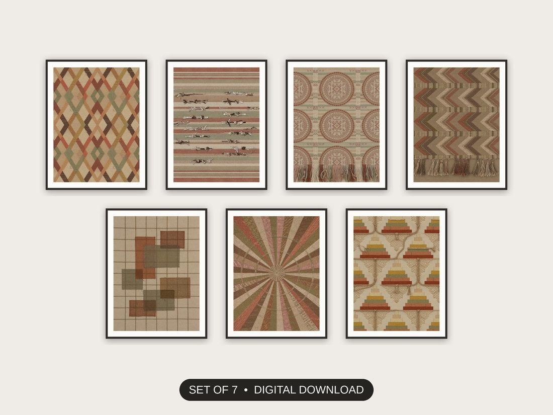 Set of 7 geometric textile weaves printable prints shown as a gallery wall