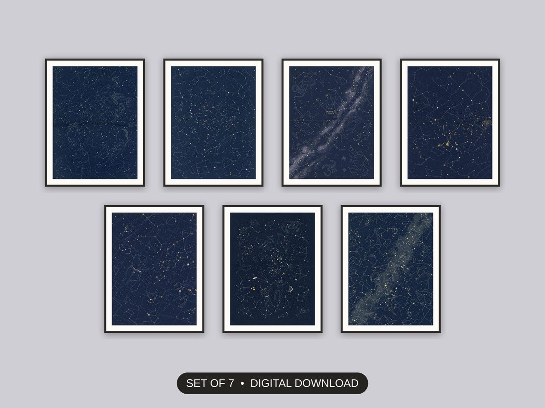Set of 7 celestial zodiac art printable prints shown as a gallery wall